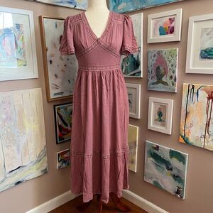 In Loom Mauve Lace Trim Boho Midi Dress Short Sleeve Size S Cottagecore Romantic